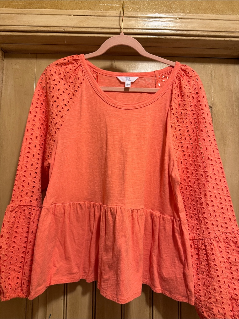 Time and Tru Coral Eyelet Sleeve Peplum Top